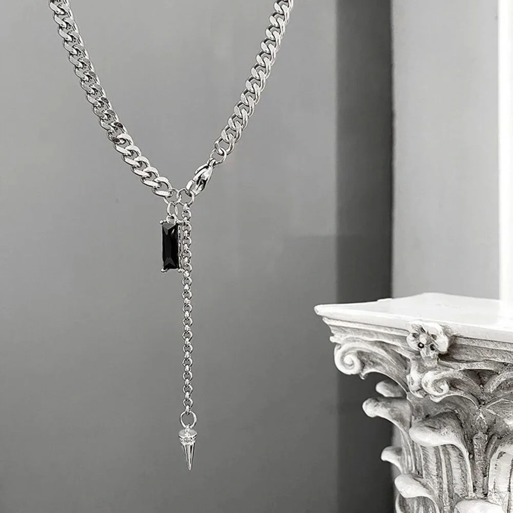 Black Crystal Pendant Stainless Steel Mens Necklace